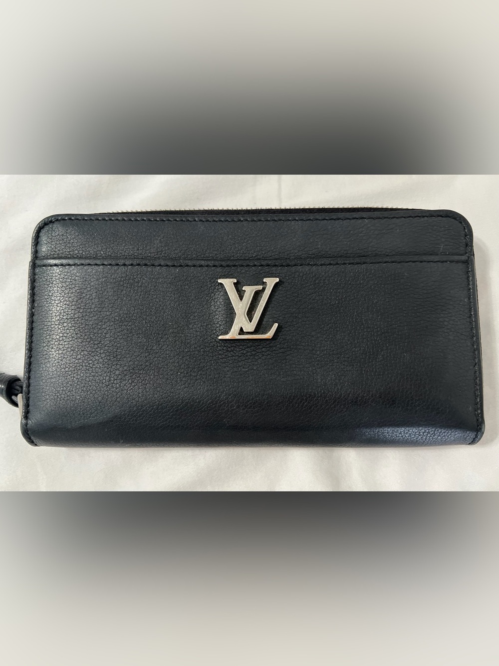 Louis Vuitton Black Leather Wallet with Silver LV Logo